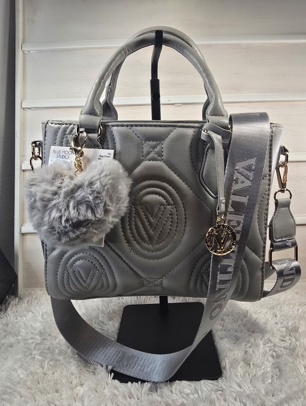Valentino Orlandi Gray Quilted Satchel Bag with Strap